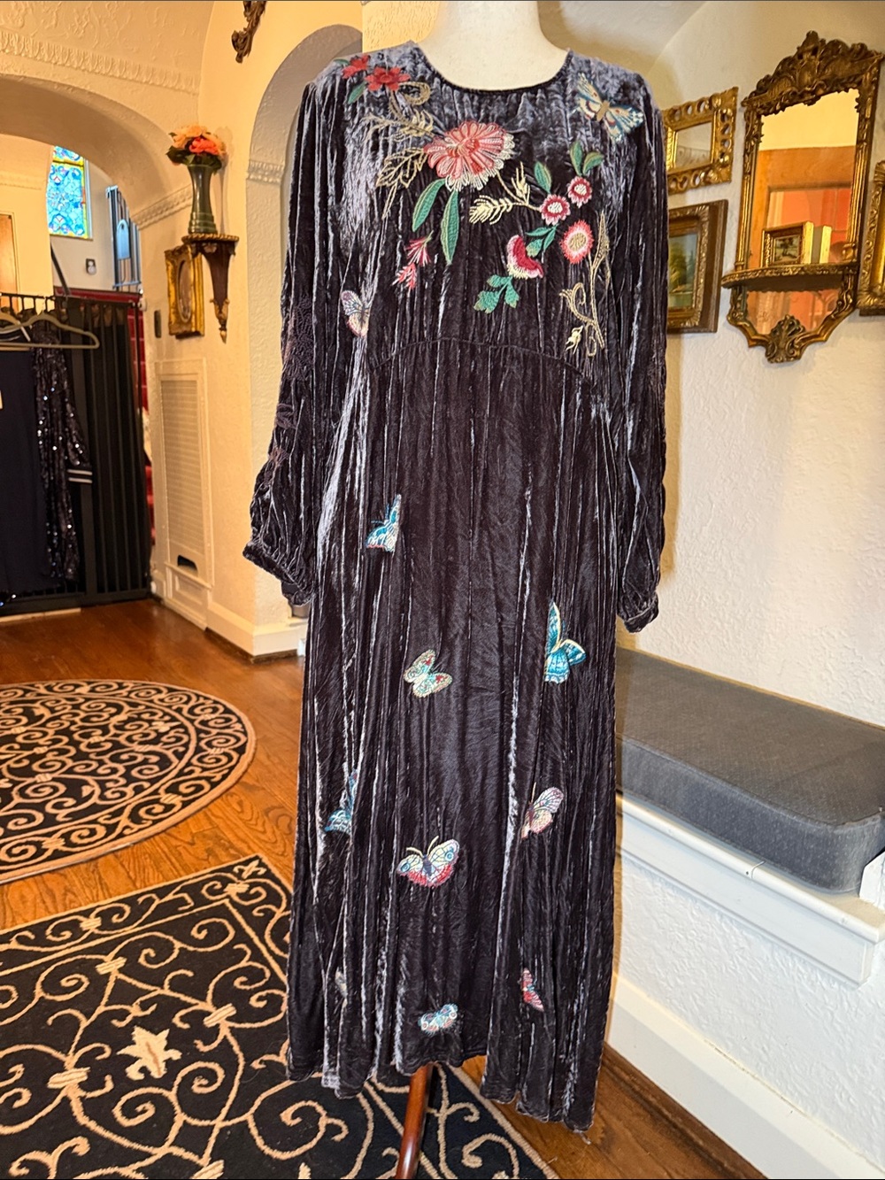 Velvet Embroidered Midi Dress - Brown with Multicolor Floral & Butterfly